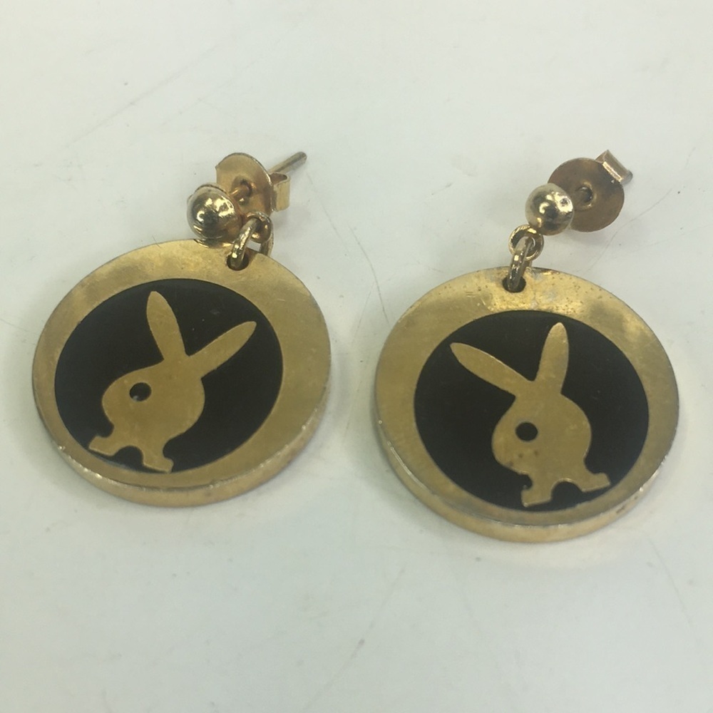 Vintage 80's Playboy Bunny earrings gold tone black 3/4" circle